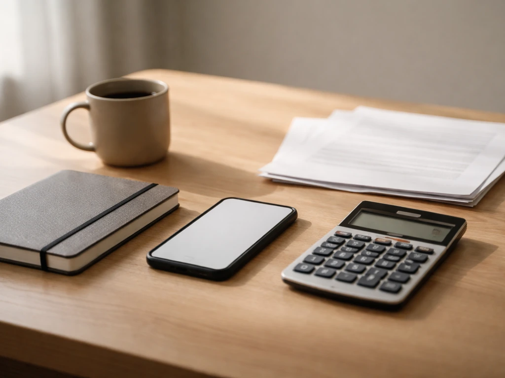 Minimal photo of a private business finance workspace with a notebook, calculator, and blurred documents.