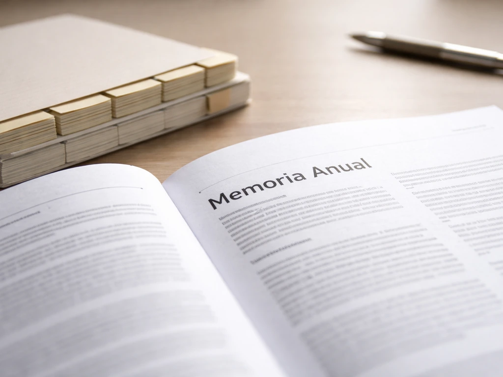 Closeup of an open Spanish annual report and plain financial reference books on a desk for verifying figures.