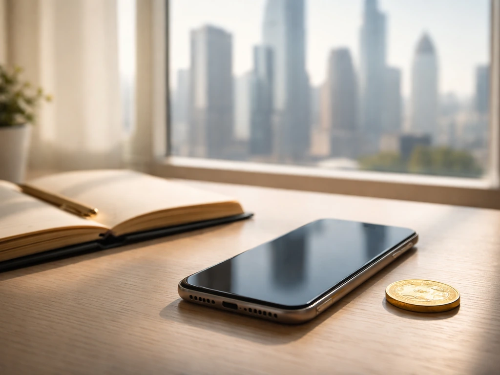 Phone and notebook on a desk with a gold coin, hinting at a net worth headline without any text.
