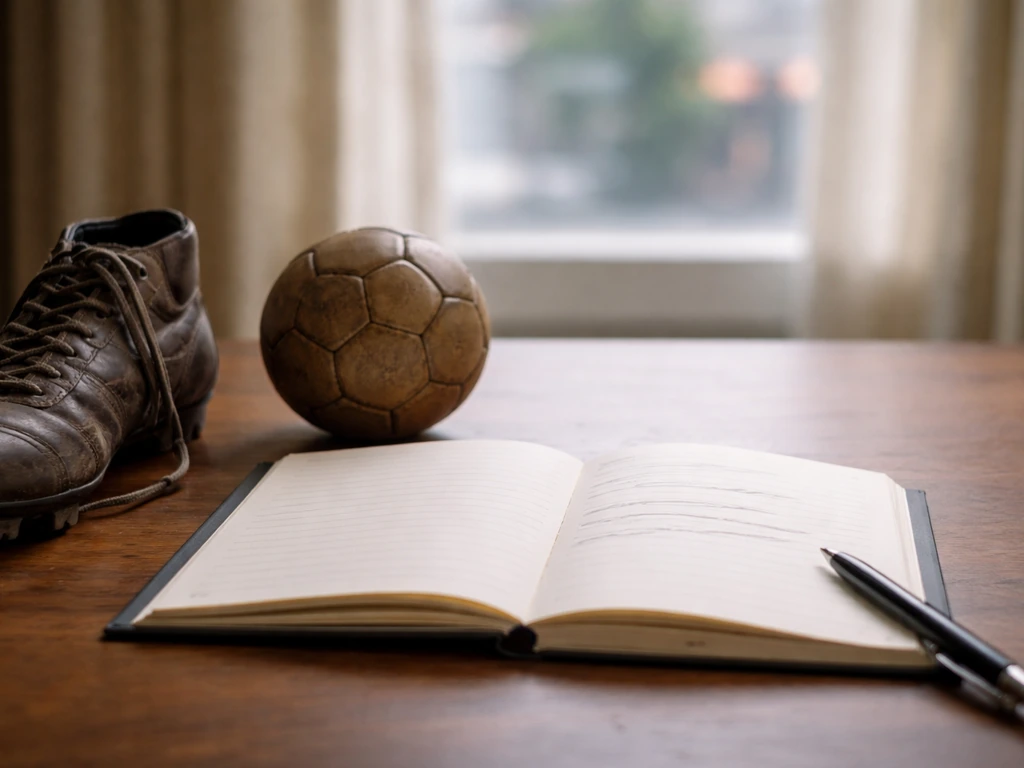 Minimal desk scene with football memorabilia and a blank notebook suggesting career earnings analysis