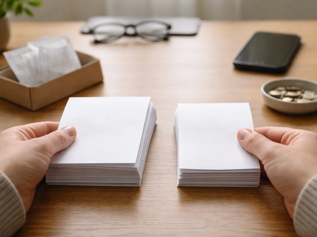 Hands sorting unmarked pay documents and receipts into two stacks under natural light.