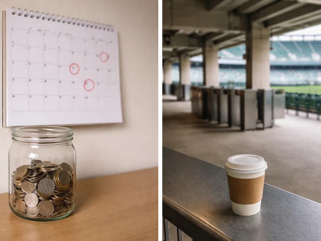 Split scene: calendar and coin jar for federation funds, empty stadium concourse for club revenue.