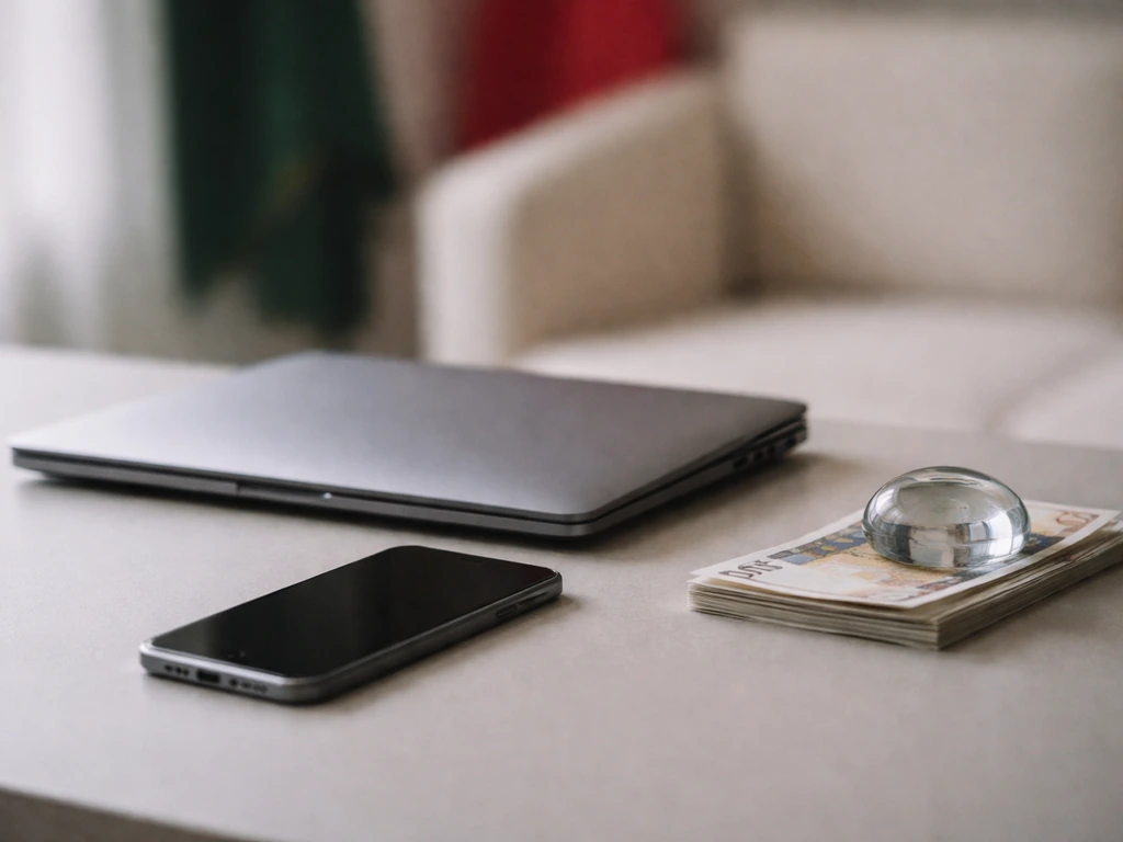 Minimal desk scene with euro bills and media devices, symbolizing squad market-value analysis.