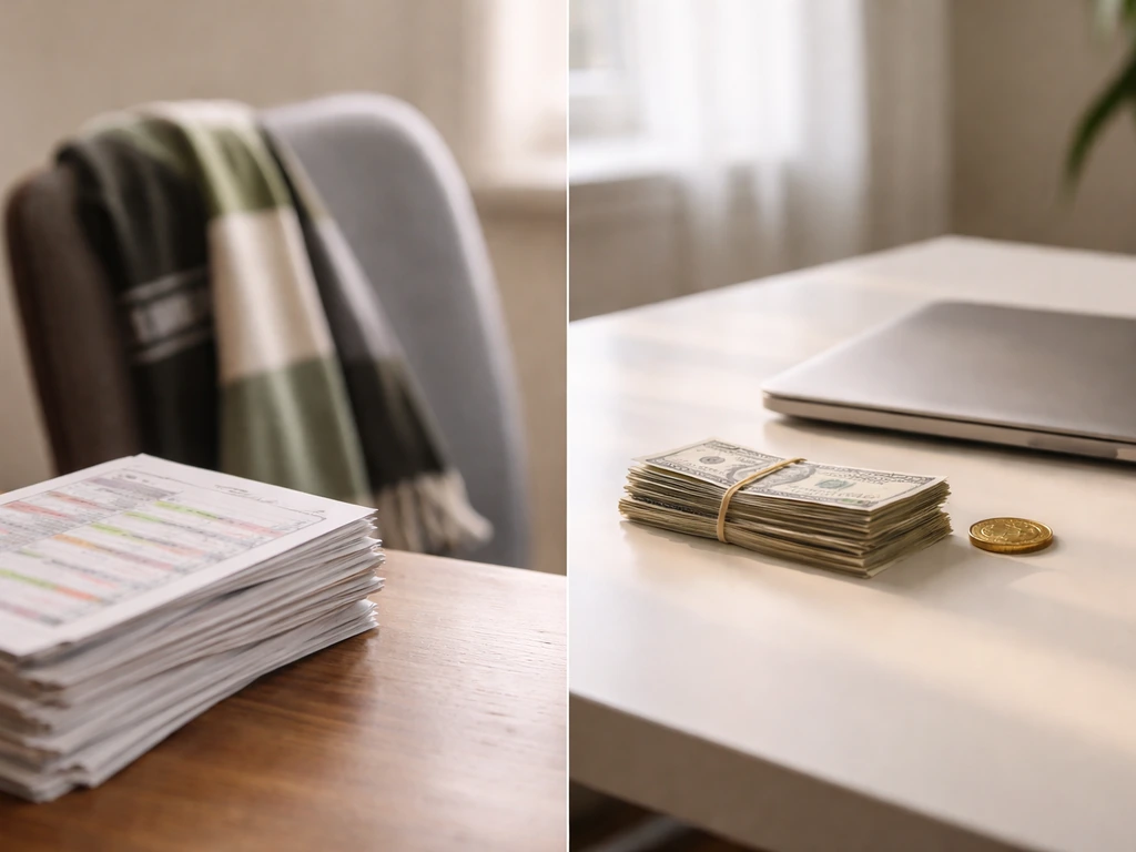 Minimal split scene showing sports ranking clippings on one side and money-themed financial objects on the other