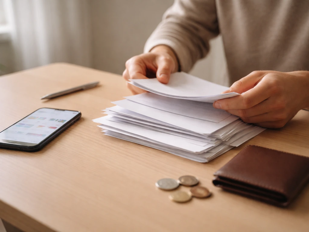 Minimal desk scene with scattered documents and a smartphone suggesting financial comparisons.