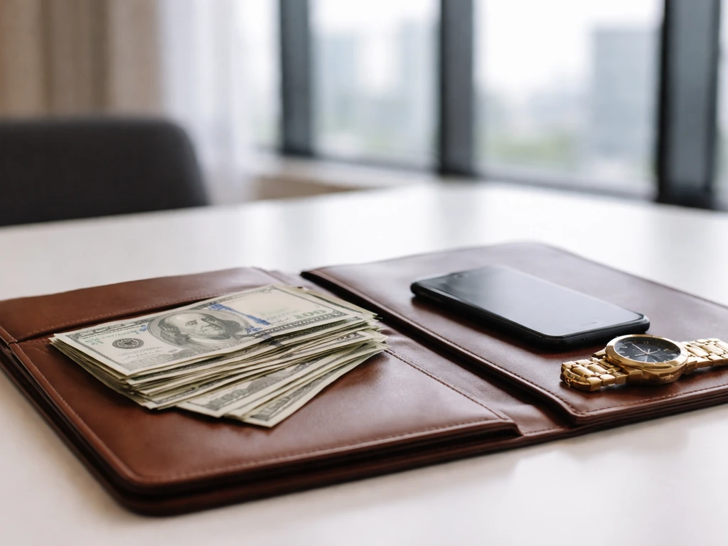 Open portfolio with cash and a smartphone on a desk, softly blurred office window city view.