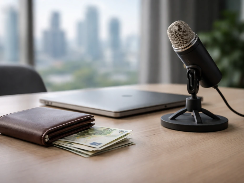 Minimal office desk with euro cash, leather wallet, microphone, and blurred city view.