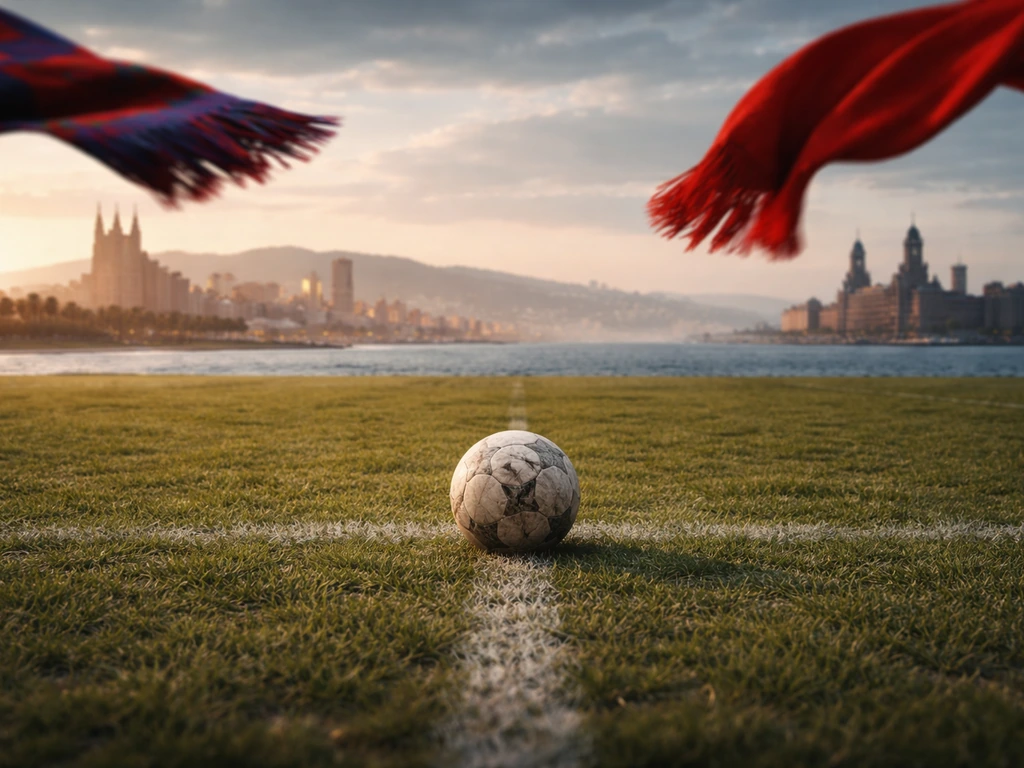 Minimal football pitch scene with a ball and Barcelona-vs-Liverpool directional cues suggesting a major transfer.