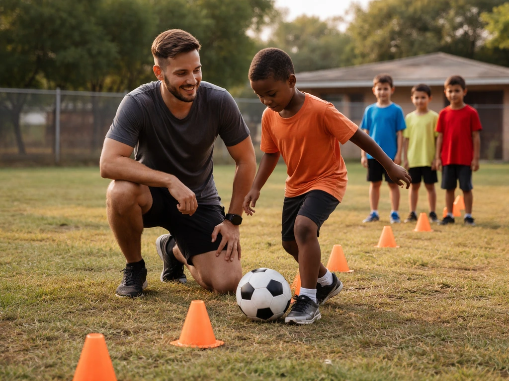 A lone coach teaching kids basic soccer skills on a small community field