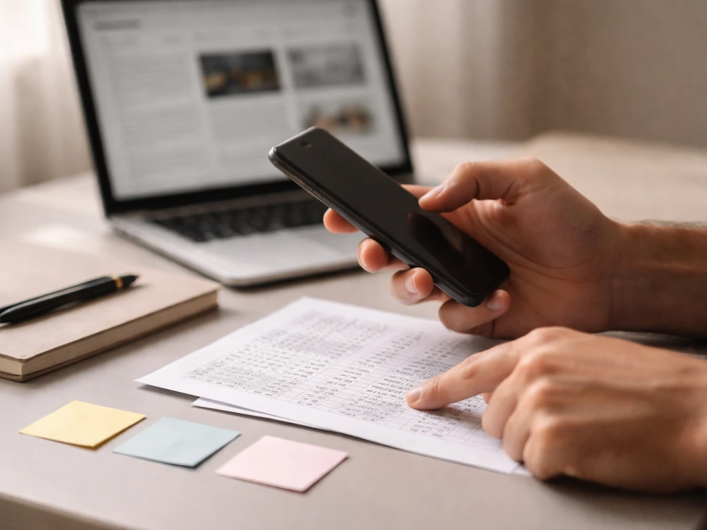 Hands comparing smartphone and printed documents on a clean desk, suggesting tracking updates and sources.