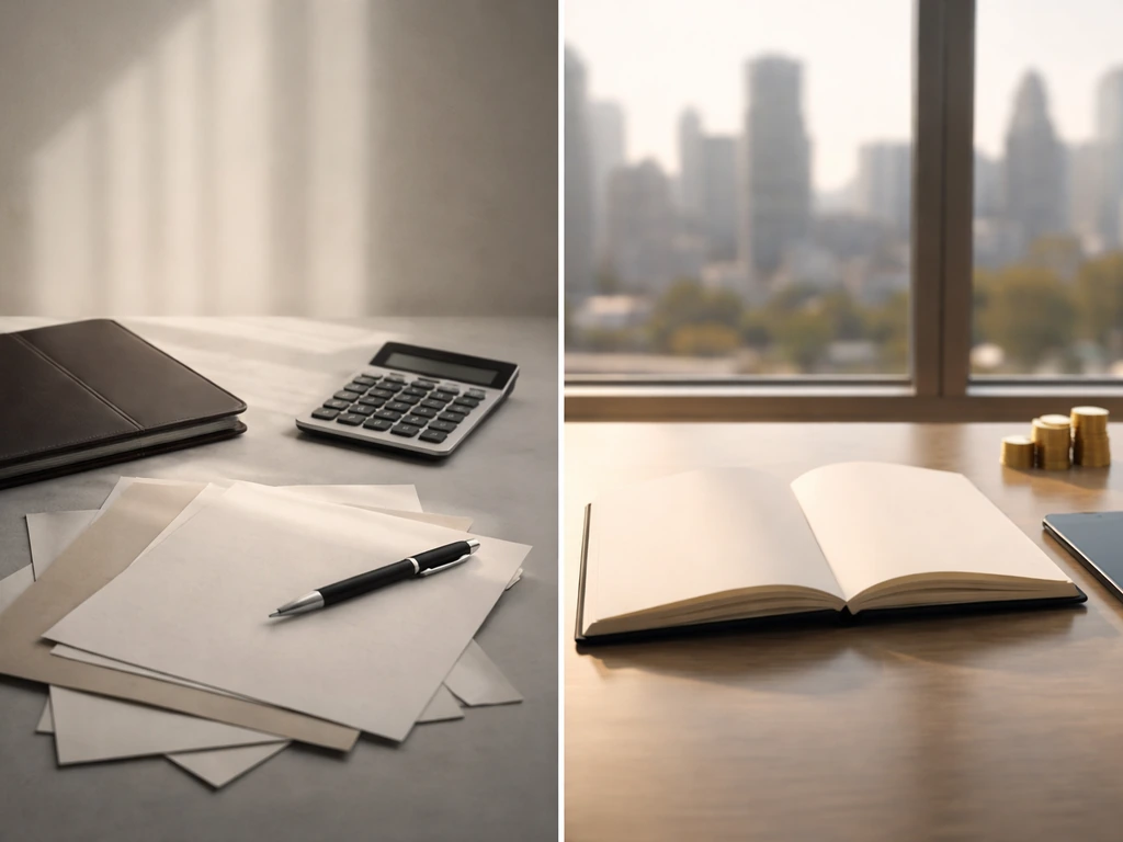 Minimal split scene: accounting desk props on one side and market/coin city light on the other.