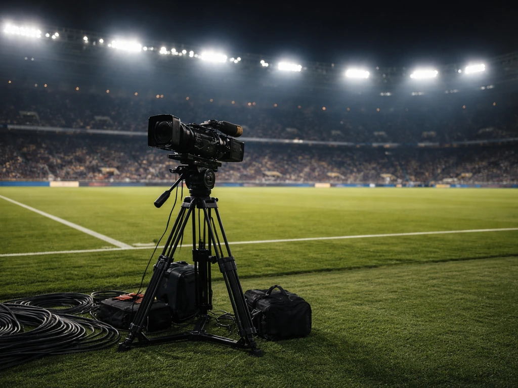 Broadcast camera crew filming a night football stadium match under bright lights