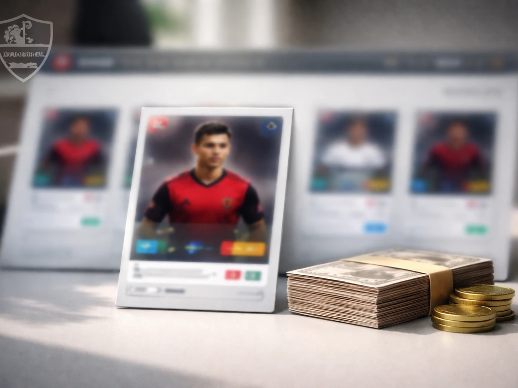 Minimal close-up of soccer transfer-market cards and a club crest overlay, symbolizing squad value.