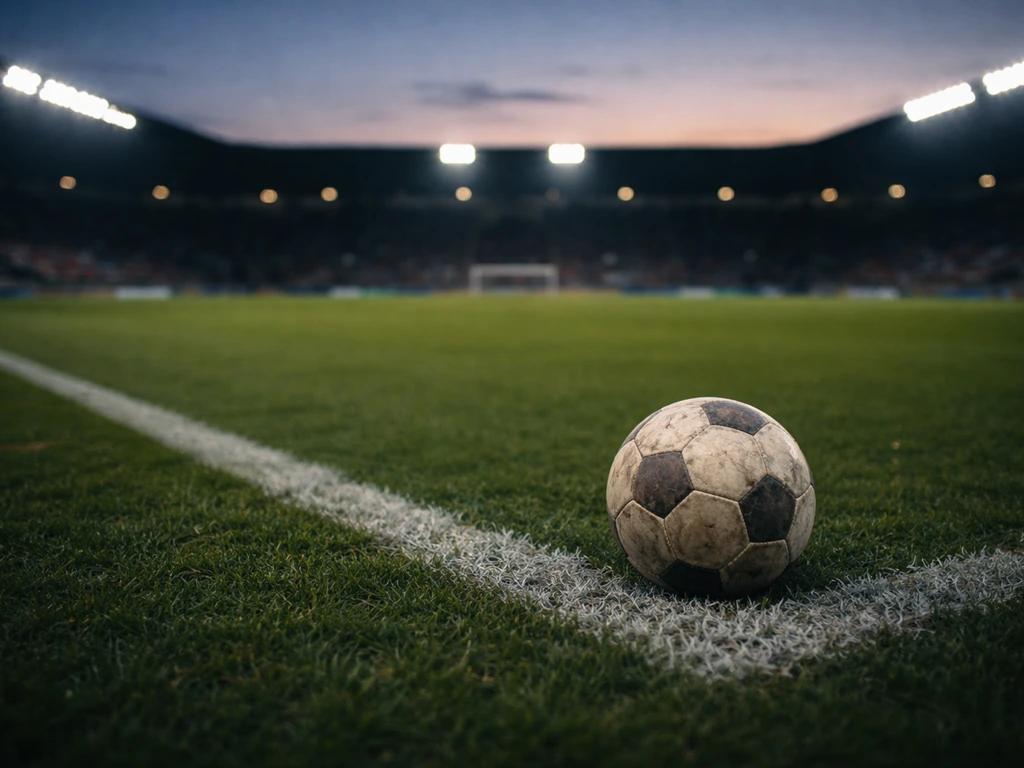 Worn football on a stadium pitch near the touchline at dusk, soft lights blurred in background.