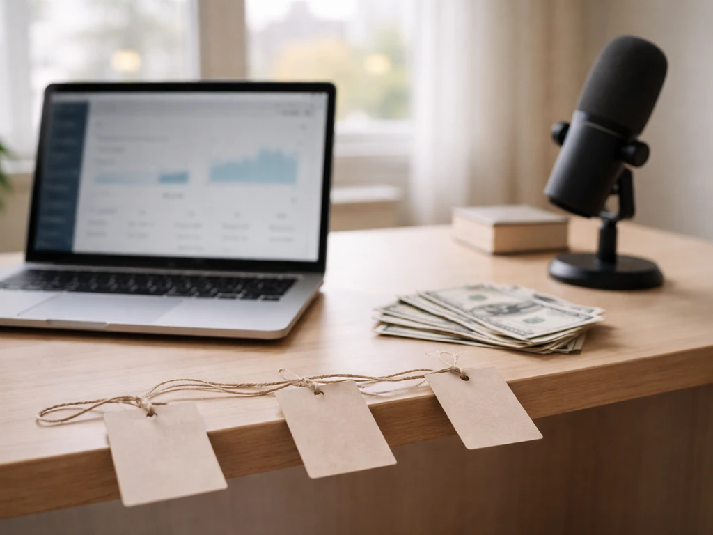 Minimal timeline-style scene with a laptop, banknotes, and a microphone on a desk representing financial estimates