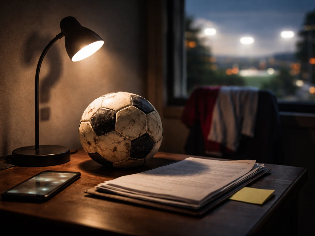 Uncertain identity cue beside a football and blurred city backdrop, symbolizing confirming the right Thomas Suarez