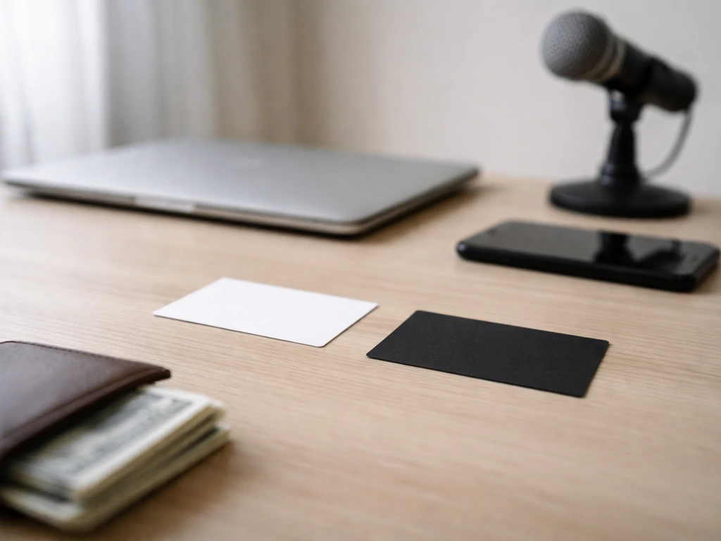 Minimal desk scene with laptop, phone, blank cards, and microphone symbolizing mixed-up identity research