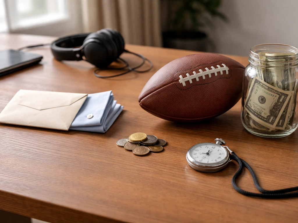 Minimal desk scene with coins, a football, and a money jar symbolizing contract and on-pitch income.