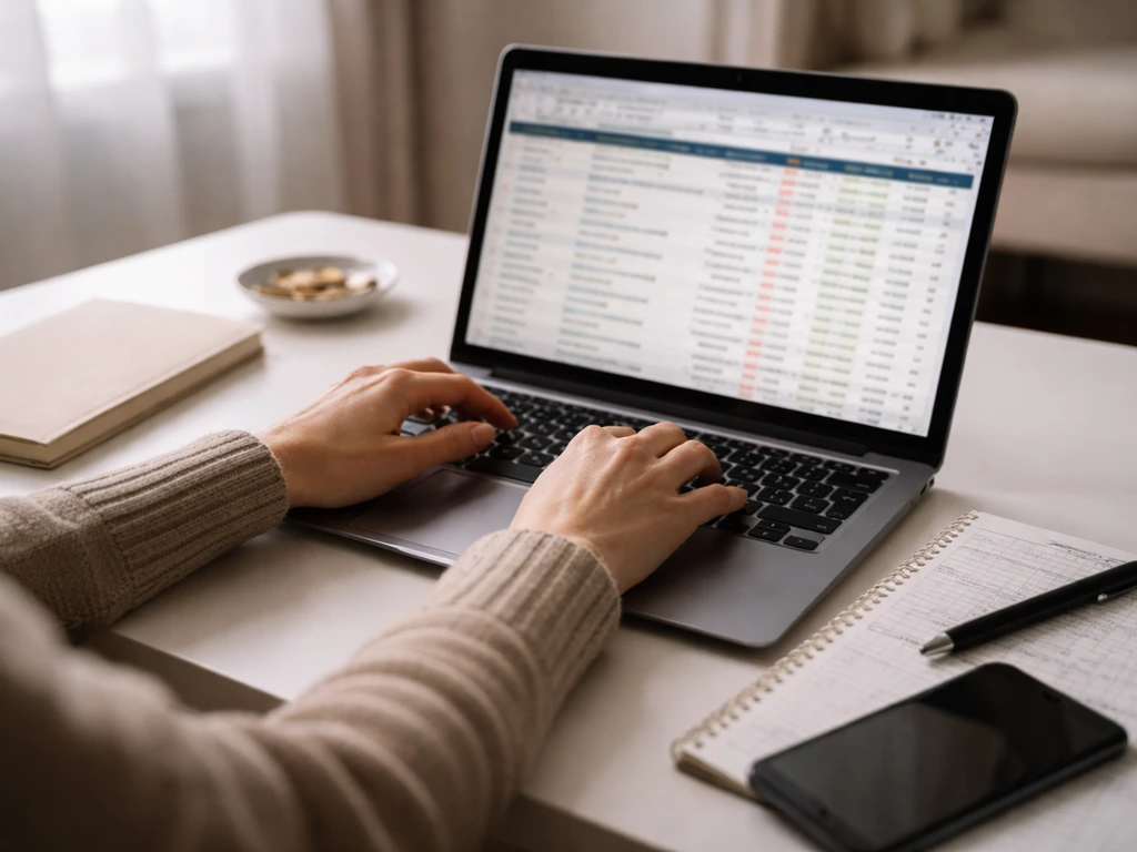 Anonymous hands on a laptop showing blurred football stats pages alongside a spreadsheet on a tidy desk.