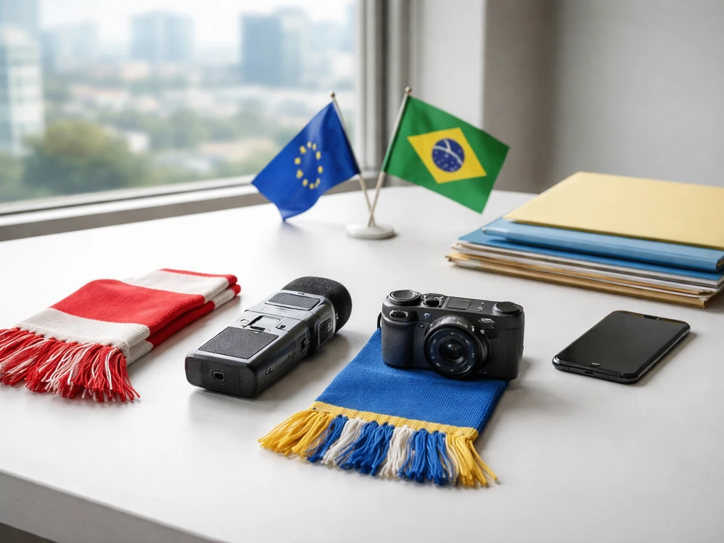 Minimal desk scene with generic soccer accessories, flags, and folders implying matching the right football identity.