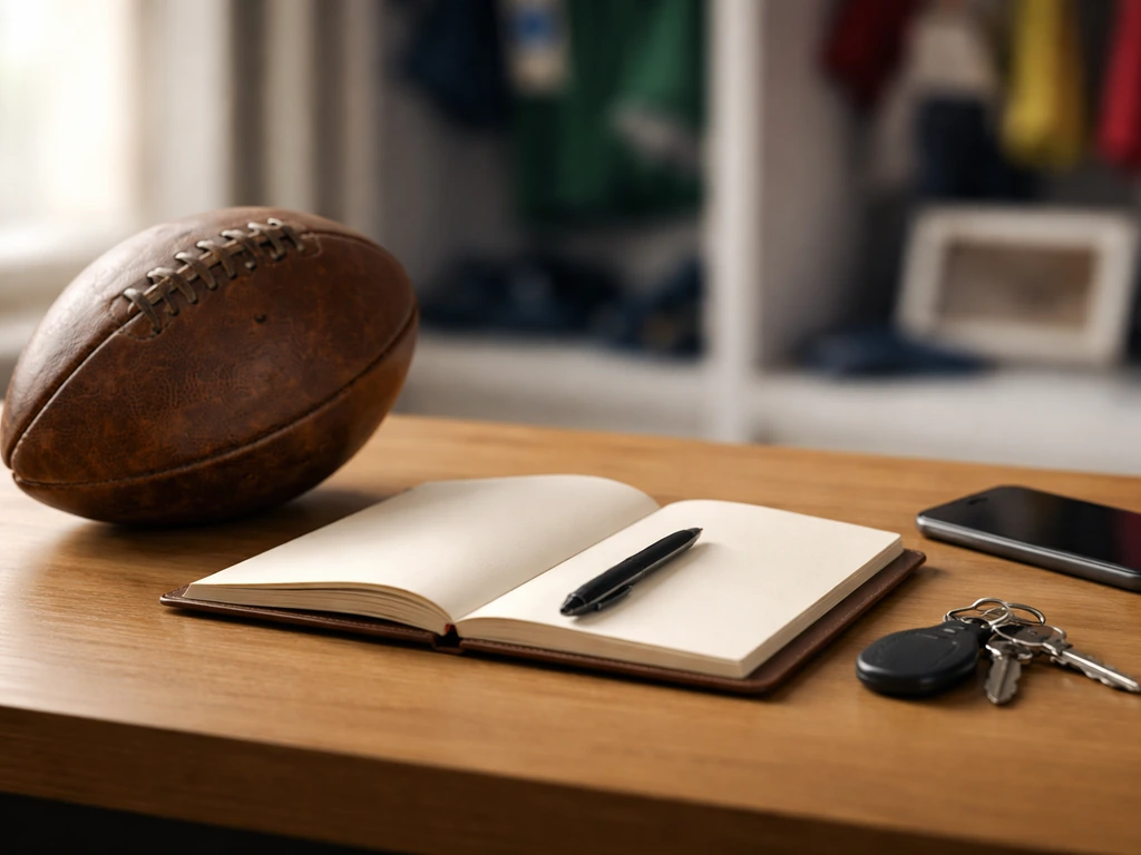 Simple photo showing a football club career timeline concept: vintage match ball and a plain notebook on an office desk