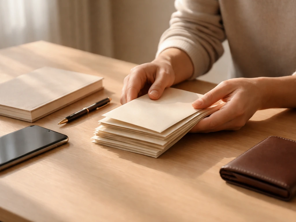 Minimal office desk scene with a coffee cup and neatly stacked money envelopes for an earnings breakdown