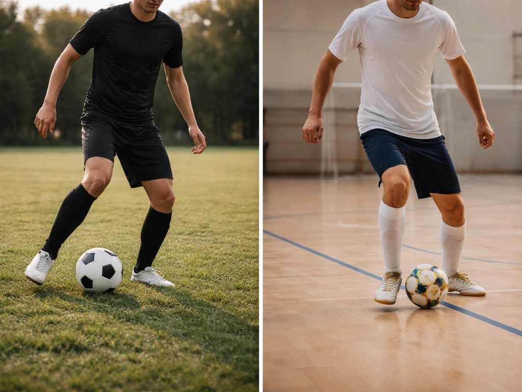 Split photo panels: anonymous football player controlling a ball vs anonymous futsal player dribbling indoors.