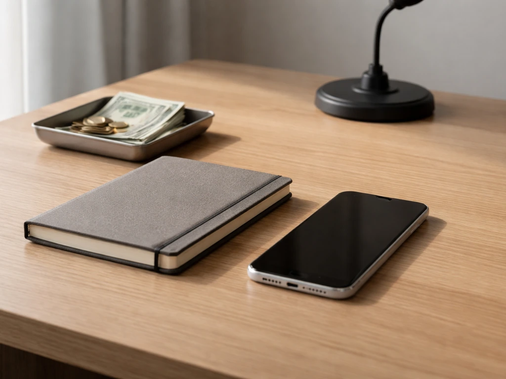 Minimal desk scene with money and a smartphone beside a closed notebook, symbolizing estimate includes vs excludes.