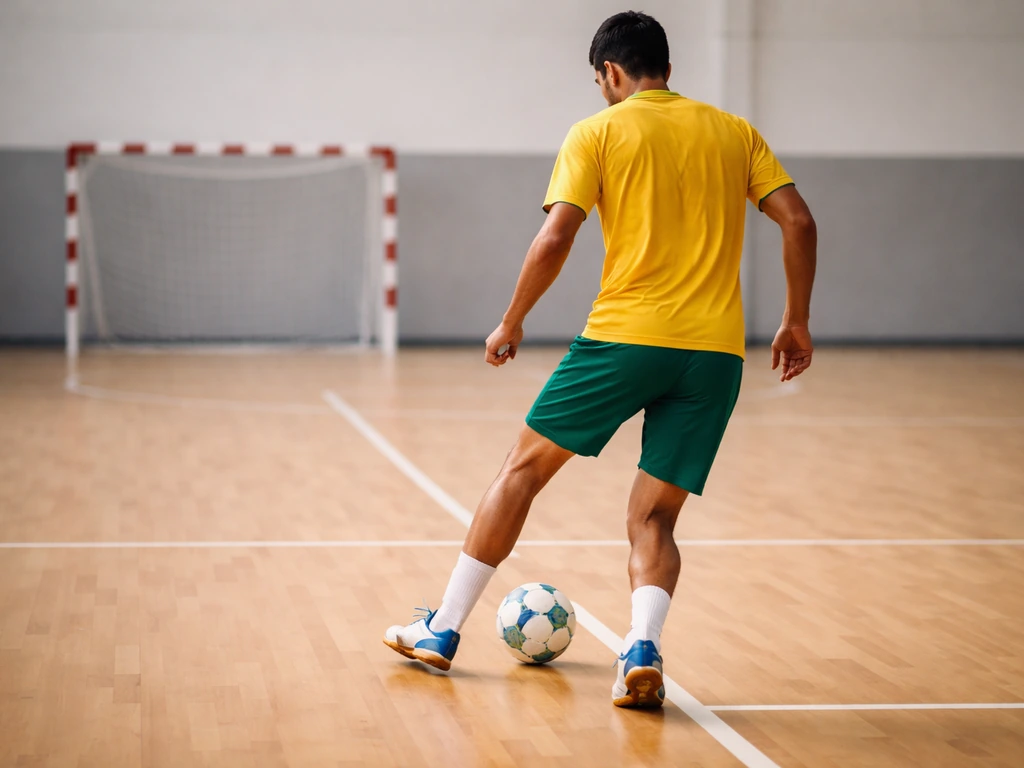 Brazilian futsal player dribbling a ball on an indoor court near the goal