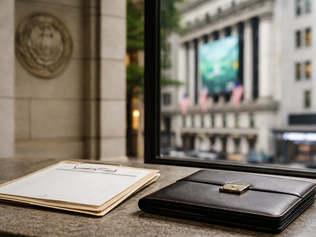 Minimal office entrance and finance-window reflection with folders and a locked portfolio to imply nonprofit vs net wort