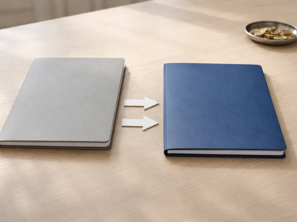 Two colored folders on a desk with paper arrows showing a step-by-step flow from left to right.