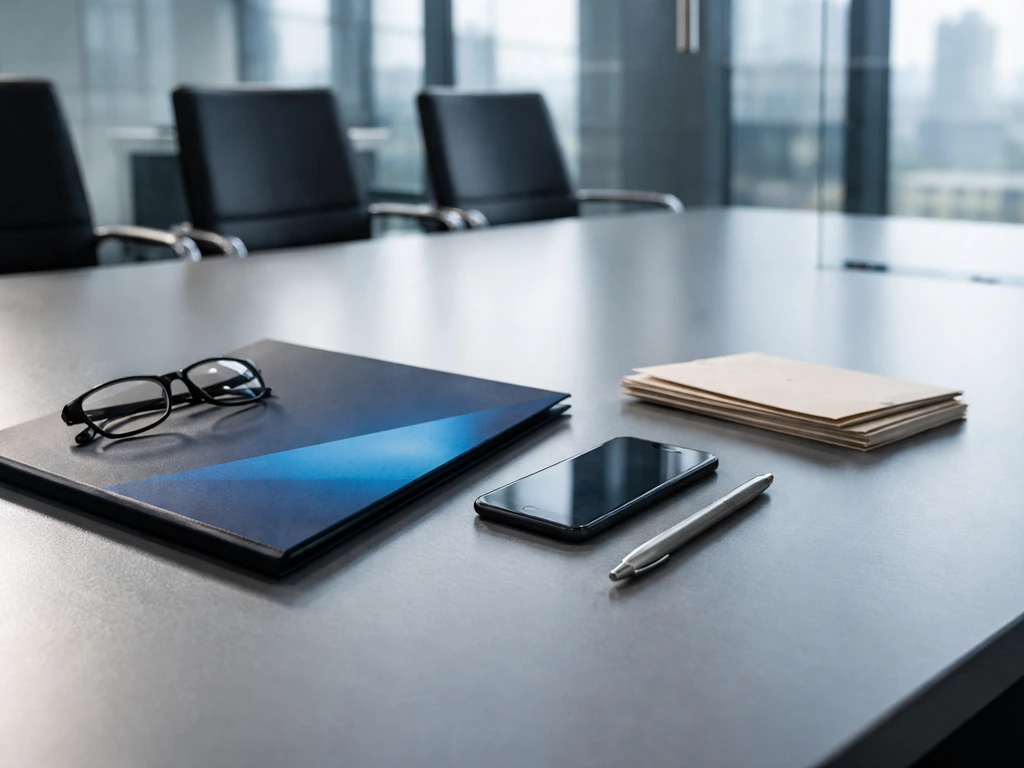 Minimal office desk with neutral envelopes and media-business items, UEFA-related setting, no person shown.