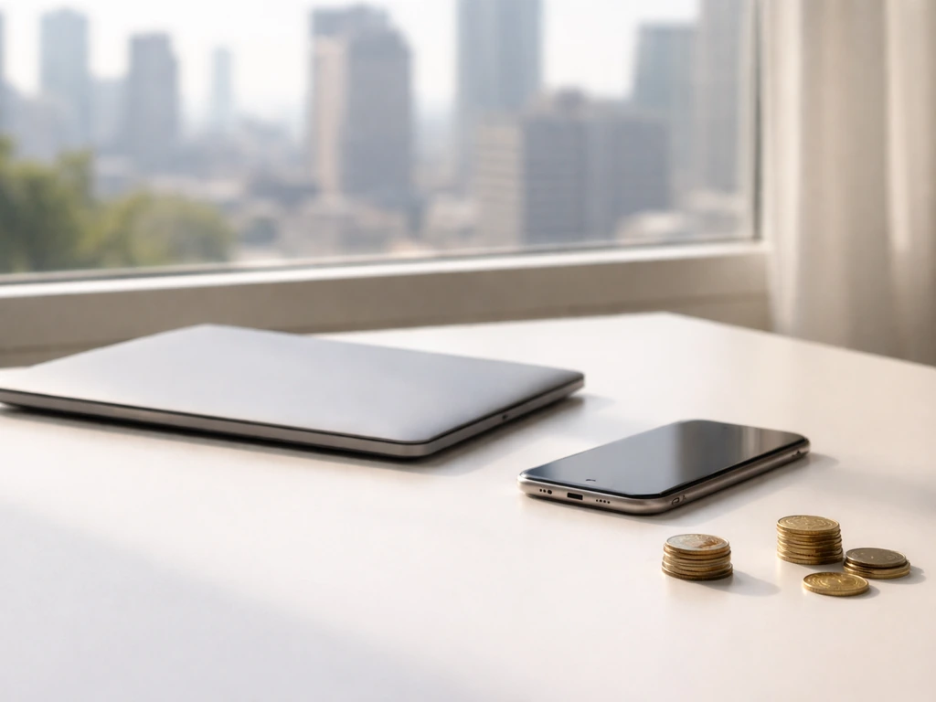 Minimal desk scene with coins and devices, symbolizing differing wealth estimates.