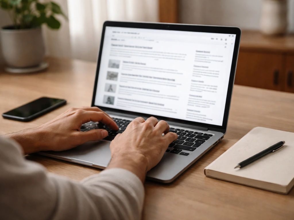 Person using a laptop to search a brand press page and newswire results