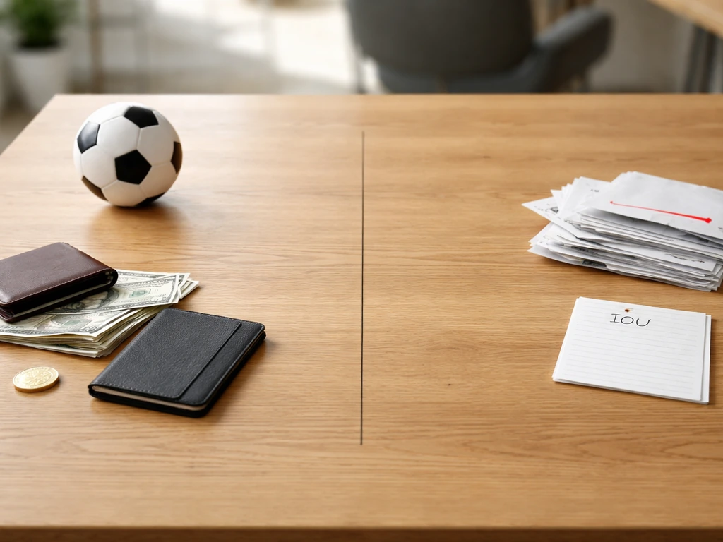 Minimal photo of a football-themed money-and-debt metaphor split by a line on a desk.