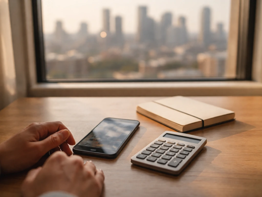 Anonymous hands at a finance analysis desk with blurred phone visuals and calculator, city skyline background.