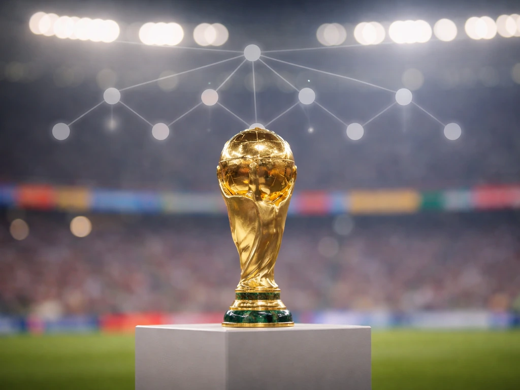 A FIFA World Cup-style setting with a trophy and blurred host signage, with a subtle symbolic payment chart overlay