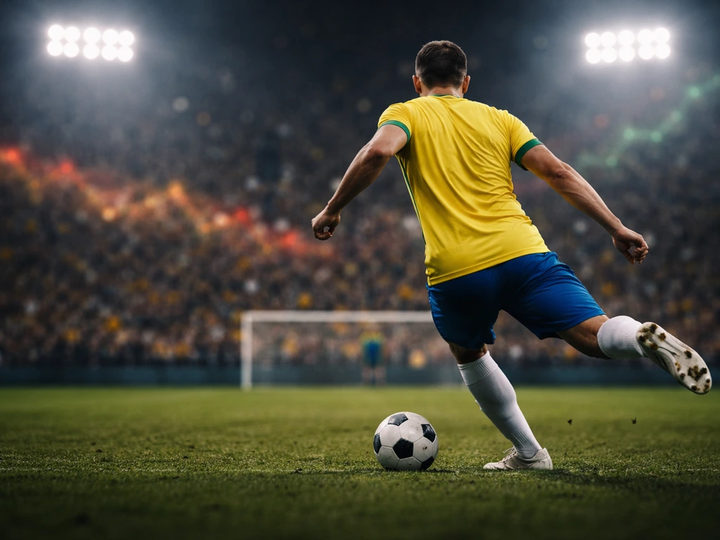 Brazil-themed football moment at night with blurred stadium lights and a subtle money-trend mood in the background