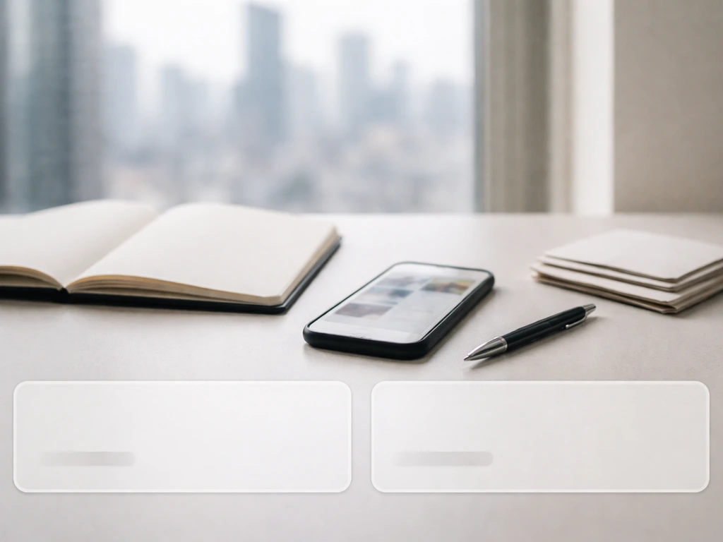 Minimal desk scene with finance-media props, blurred smartphone, and empty wealth callouts with no text.