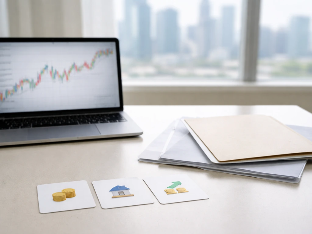 Minimal office scene with a laptop, financial documents, and a few stock-like cards symbolizing net-worth research
