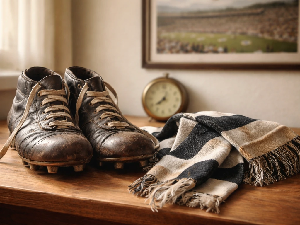 Vintage soccer boots and scarf on a wooden desk, softly lit, with a blurred stadium background symbolizing an era.