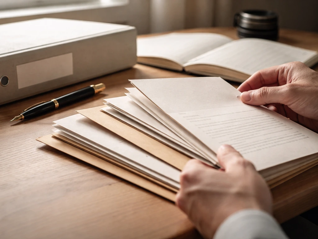 Hands reviewing blank documents and a notebook on a desk, symbolizing net-worth verification steps.