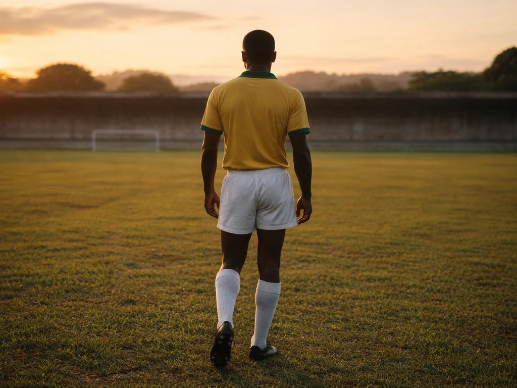 Pelé-era footballer in a vintage Brazil jersey at sunset, with a blurred modern stadium backdrop