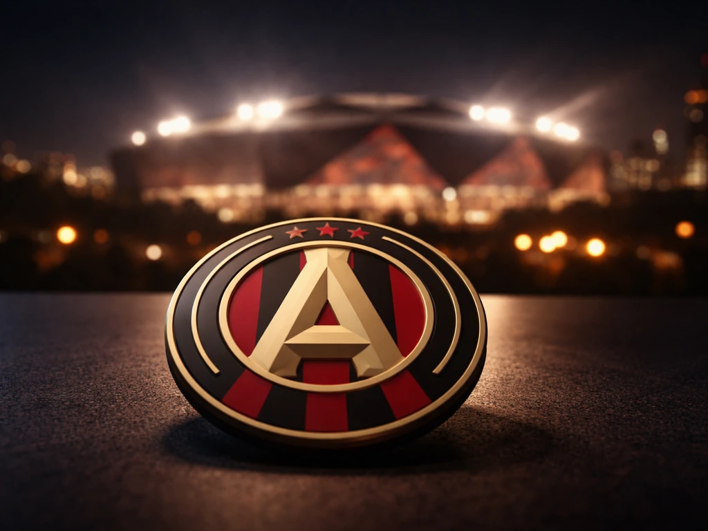 Atlanta United-style crest emblem on a desk with a dramatic night stadium glow in the background.