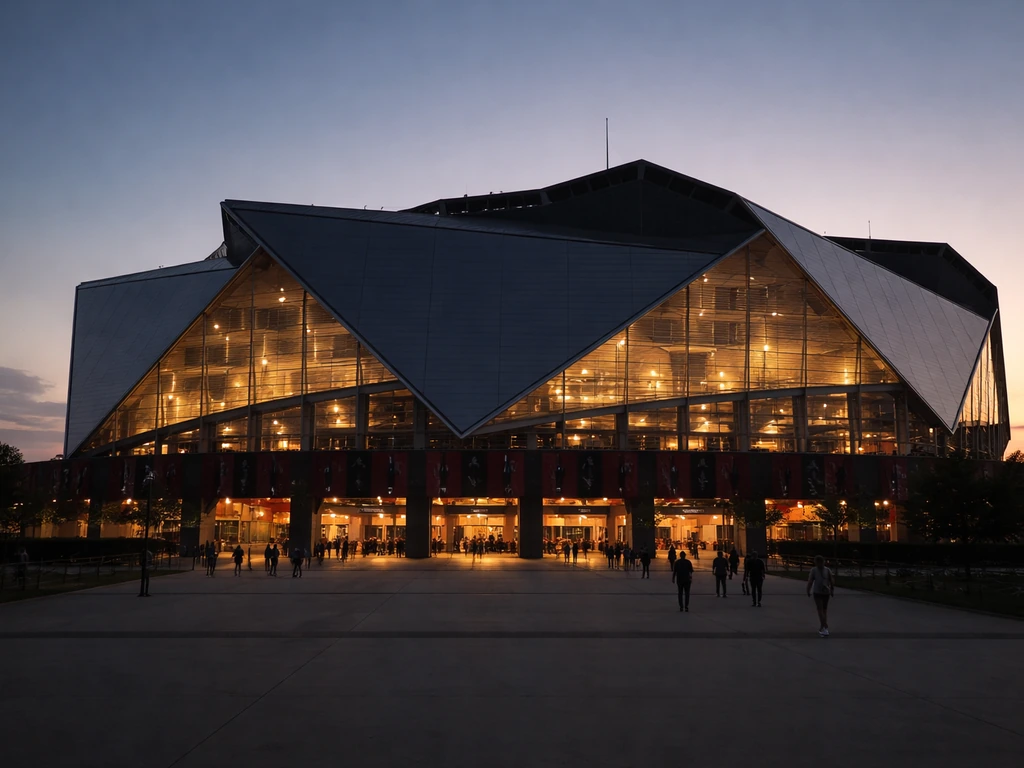Mercedes-Benz Stadium exterior with a clear Atlanta United matchday vibe and shared venue context