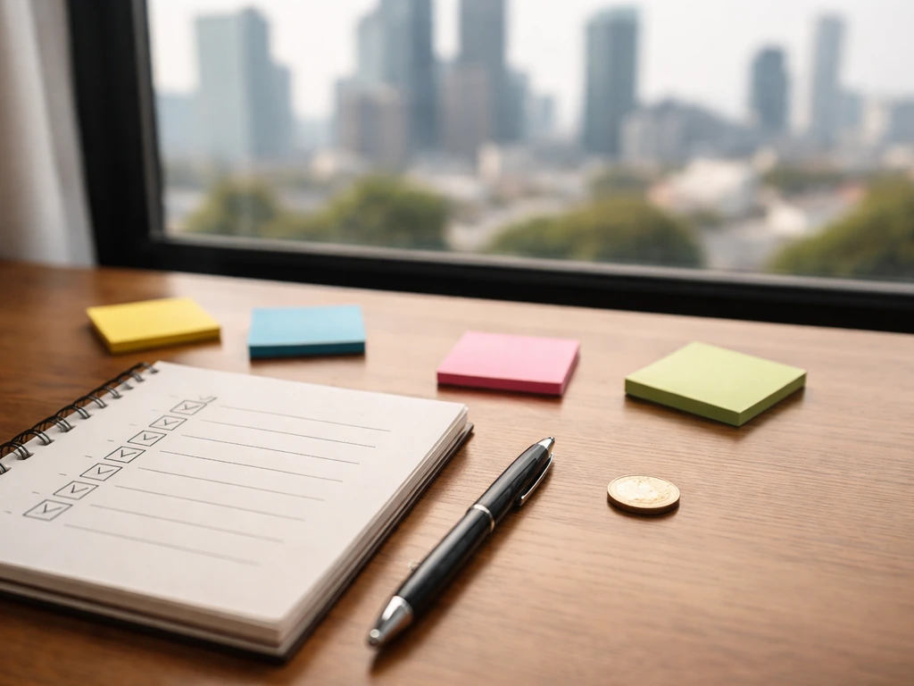 Minimal desk close-up with notebook checklist and colored sticky notes suggesting revenue inputs and valuation.