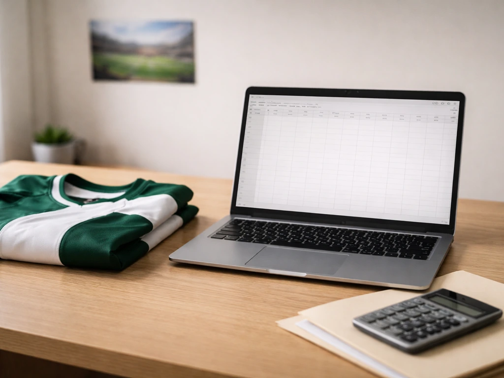 Anonymous soccer athlete’s jersey beside an open laptop showing empty spreadsheets on a desk, hinting at payroll vs weal