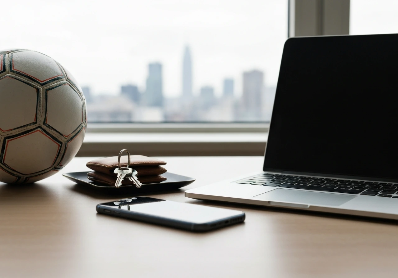 Minimal desk scene with soccer ball, wallet, keys, and phone symbolizing assets vs liabilities.