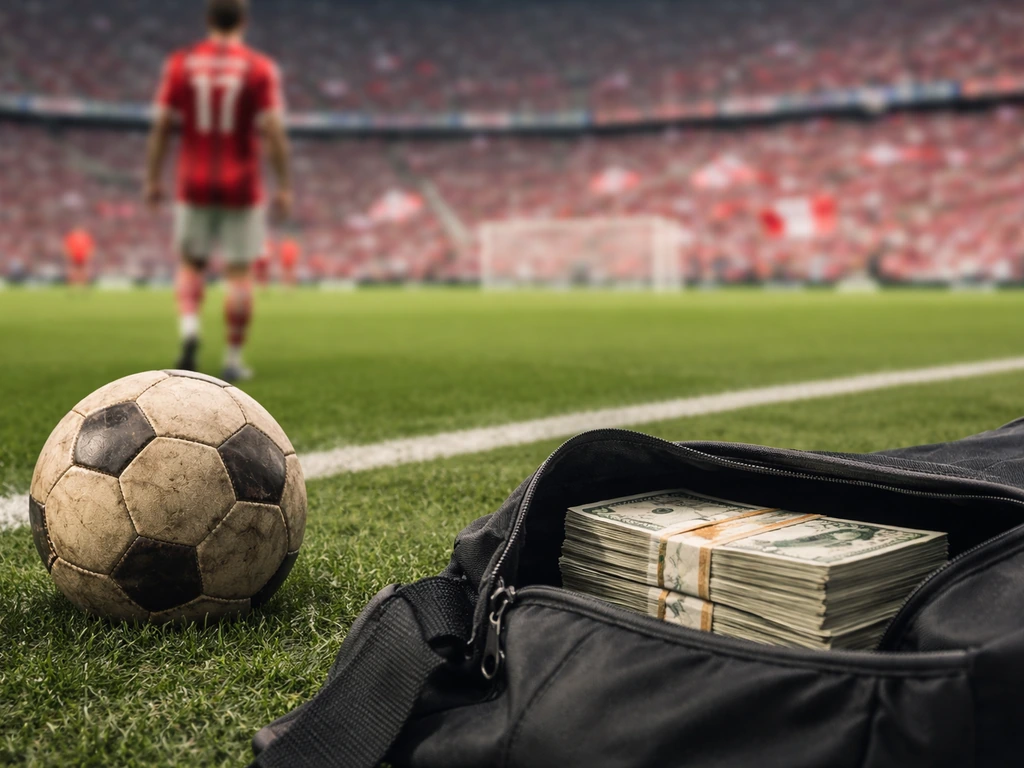 Blurred red-and-white football match scene with a leather ball and money tucked in a sports bag.