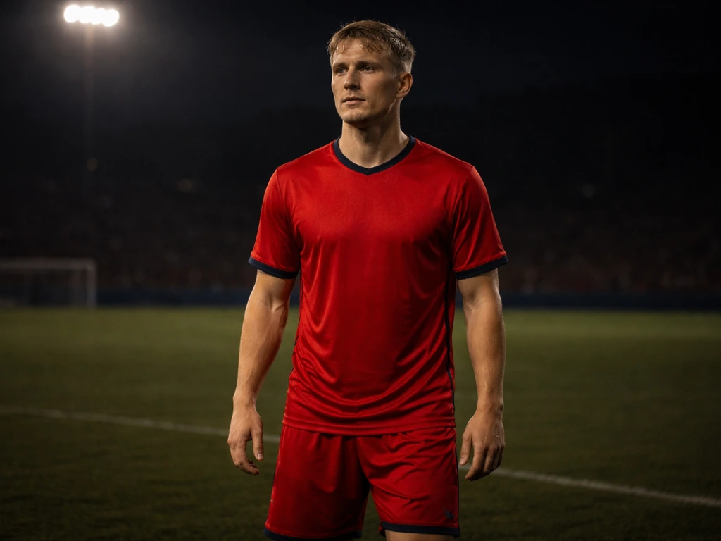 Bastian Schweinsteiger-style soccer player in red Chicago Fire kit standing on a soccer pitch at night